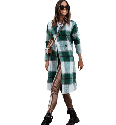 Printed Mid-length Plaid Wool Coat Light Jacket Women