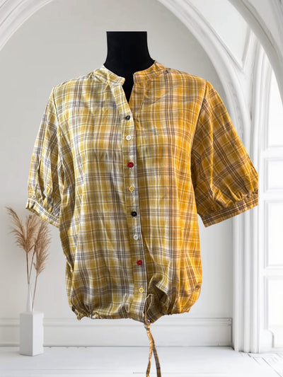 Plaid Shirt Women's Short Sleeves Summer Thin  drawstring Cotton Half-Sleeved Top