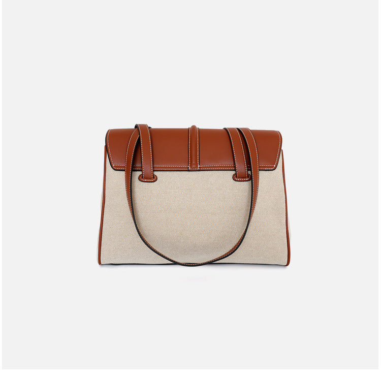 Genuine Leather Shoulder Bag With Canvas Lock Design Tote Bag