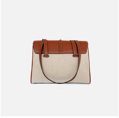 Genuine Leather Shoulder Bag With Canvas Lock Design Tote Bag