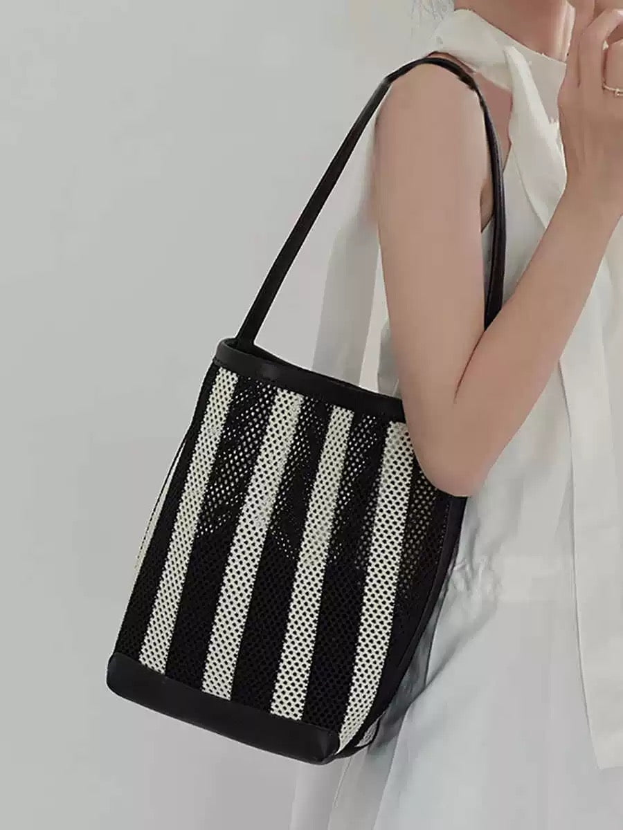 Cloth Shoulder Underarm Woven Fabric Women's Bag Black White Striped Bucket Bag