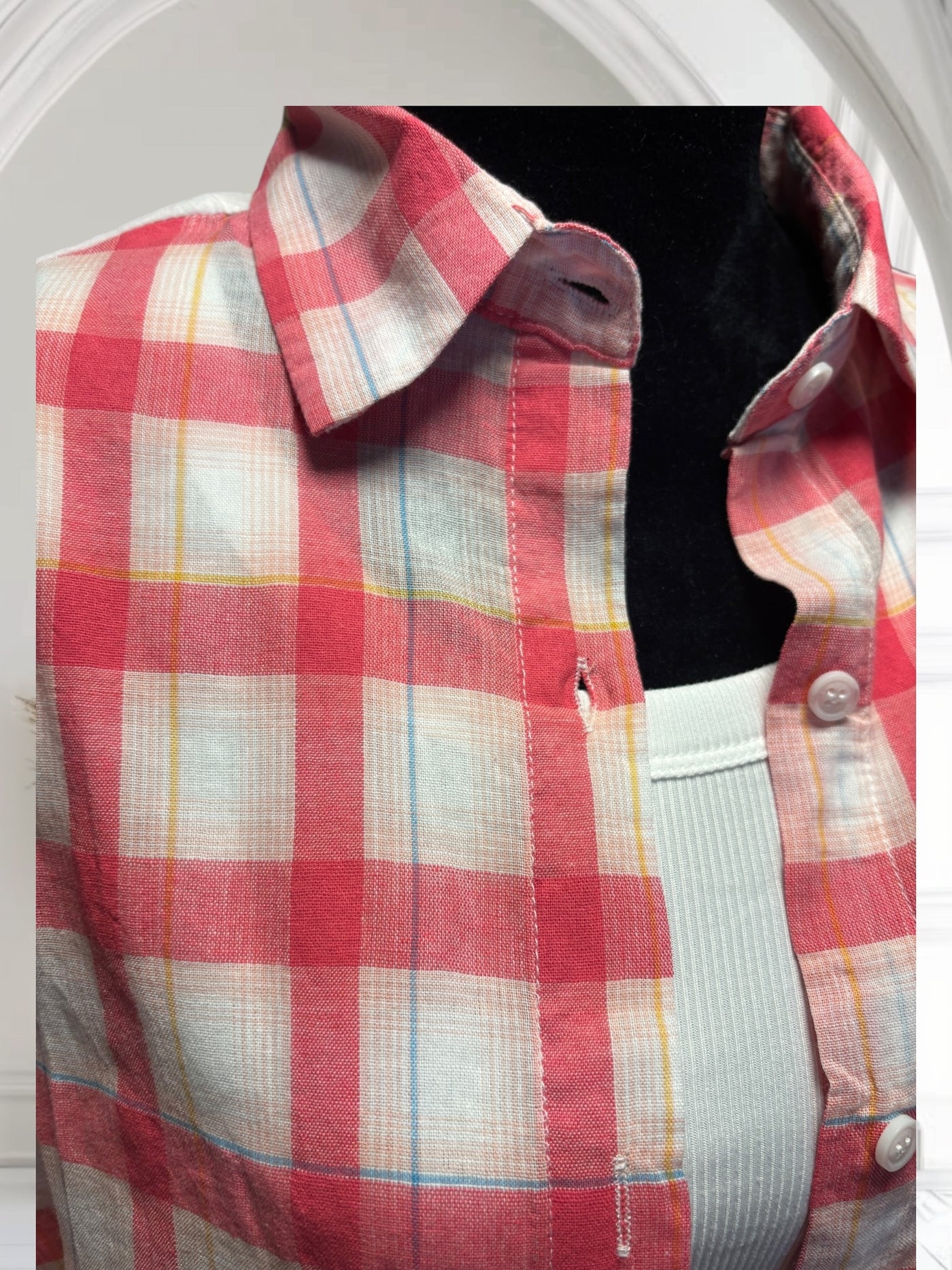 Women Plaid Shirt Summer Top Short Sleeves Thin Plaid Top