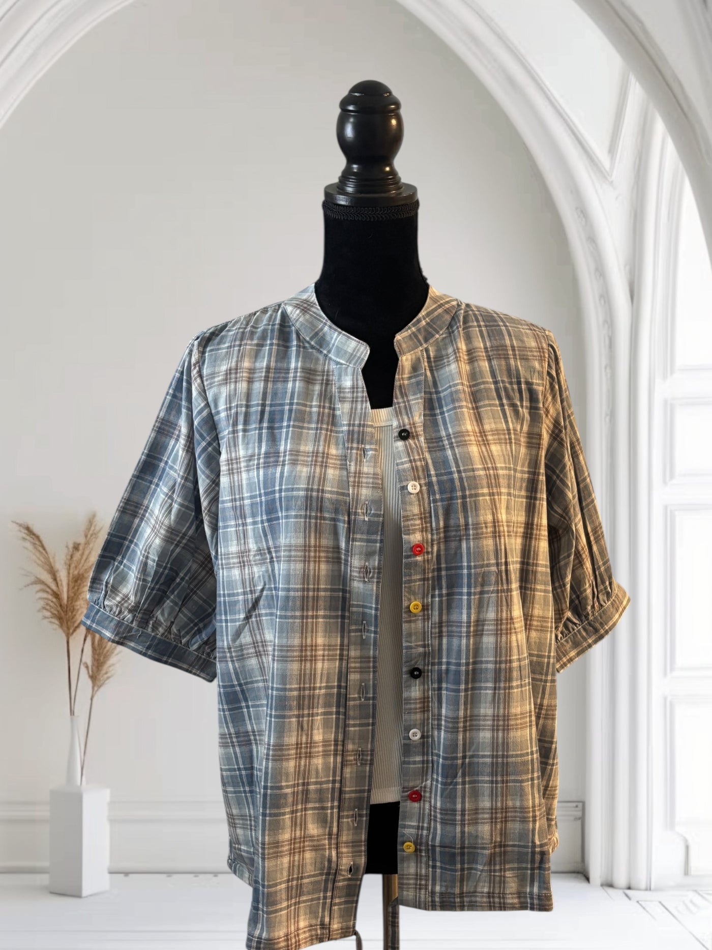 Plaid Shirt Women's Short Sleeves Summer Thin  drawstring Cotton Half-Sleeved Top