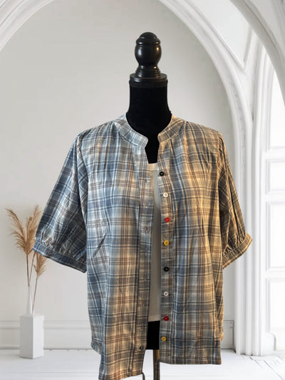 Plaid Shirt Women's Short Sleeves Summer Thin  drawstring Cotton Half-Sleeved Top