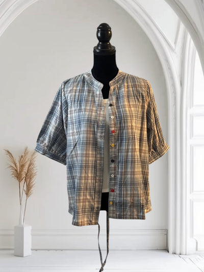 Plaid Shirt Women's Short Sleeves Summer Thin  drawstring Cotton Half-Sleeved Top