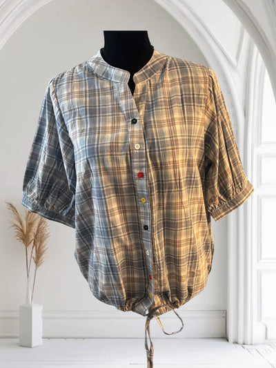 Plaid Shirt Women's Short Sleeves Summer Thin  drawstring Cotton Half-Sleeved Top
