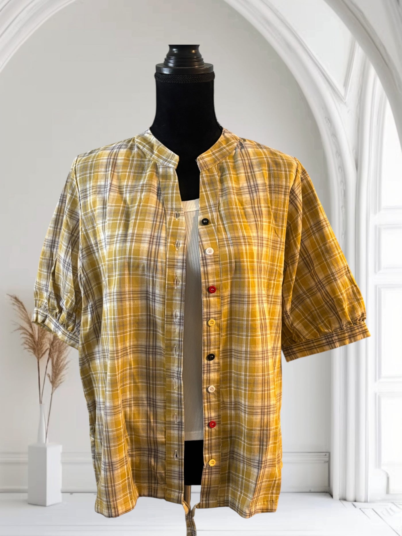 Plaid Shirt Women's Short Sleeves Summer Thin  drawstring Cotton Half-Sleeved Top