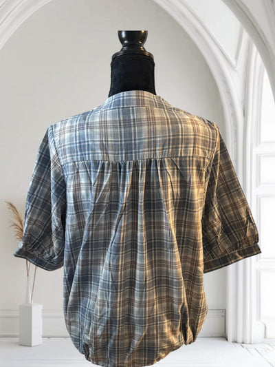 Plaid Shirt Women's Short Sleeves Summer Thin  drawstring Cotton Half-Sleeved Top