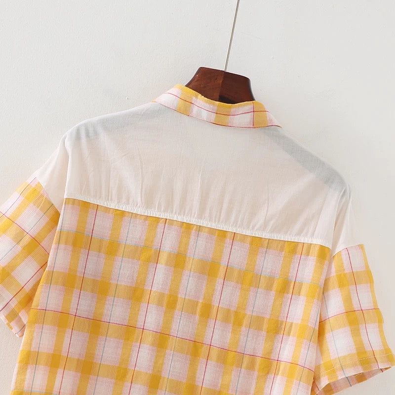 Women Plaid Shirt Summer Top Short Sleeves Thin Plaid Top