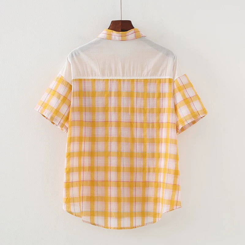Women Plaid Shirt Summer Top Short Sleeves Thin Plaid Top