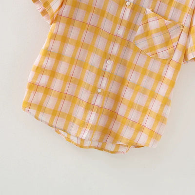 Women Plaid Shirt Summer Top Short Sleeves Thin Plaid Top