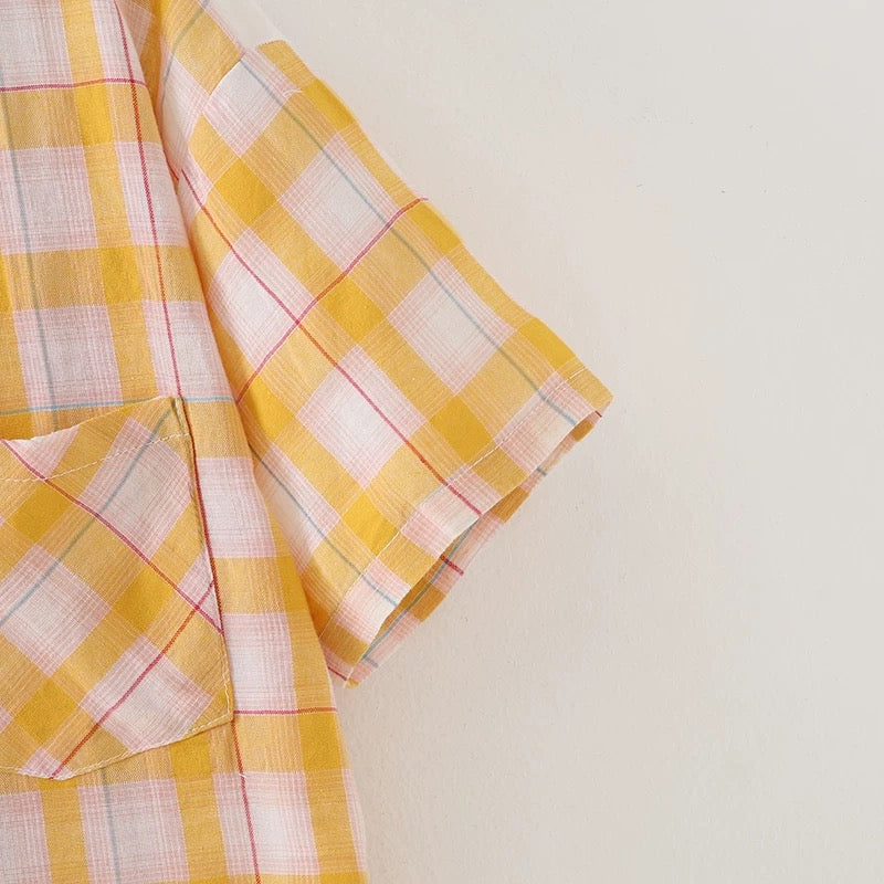 Women Plaid Shirt Summer Top Short Sleeves Thin Plaid Top