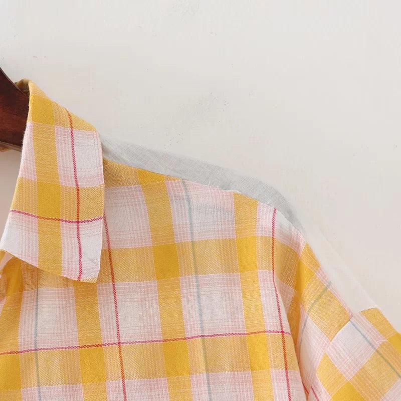 Women Plaid Shirt Summer Top Short Sleeves Thin Plaid Top