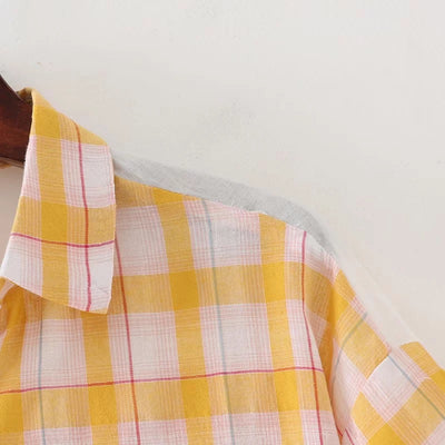 Women Plaid Shirt Summer Top Short Sleeves Thin Plaid Top