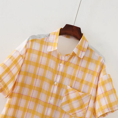 Women Plaid Shirt Summer Top Short Sleeves Thin Plaid Top
