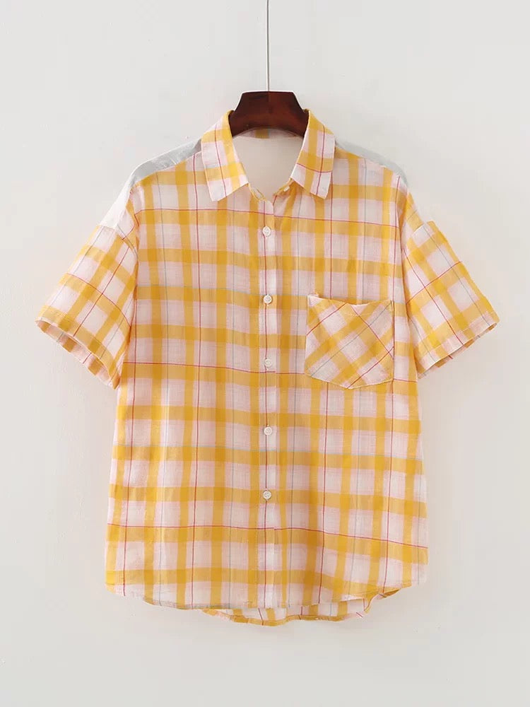 Women Plaid Shirt Summer Top Short Sleeves Thin Plaid Top
