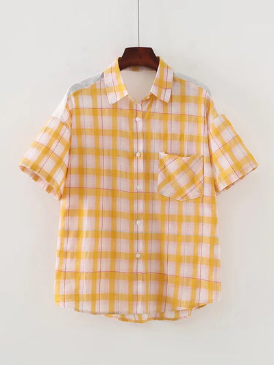 Women Plaid Shirt Summer Top Short Sleeves Thin Plaid Top