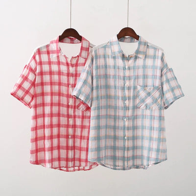Women Plaid Shirt Summer Top Short Sleeves Thin Plaid Top