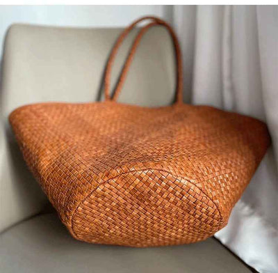 Genuine leather Larger capacity Tote Bag Cowhide  Shoulder Bag Tote Bag Pure Hand Woven Bag