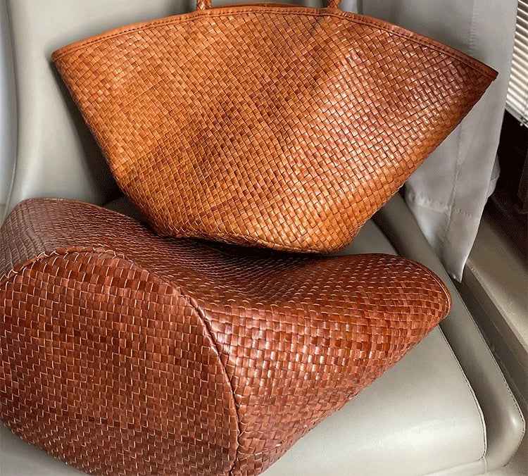 Genuine leather Larger capacity Tote Bag Cowhide  Shoulder Bag Tote Bag Pure Hand Woven Bag