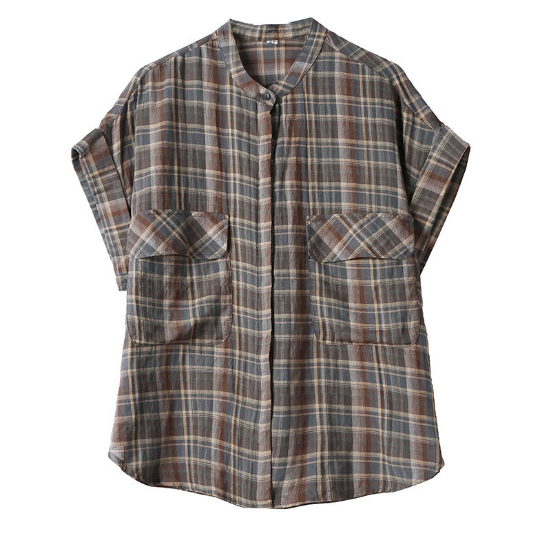 Women's Plaid Button-Up Shirt with Short Sleeves - Bagbagsitter