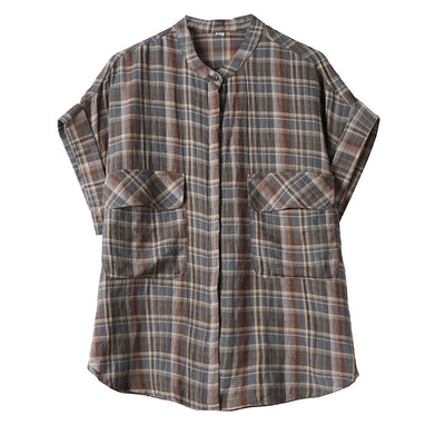 Women's Plaid Button-Up Shirt with Short Sleeves - Bagbagsitter