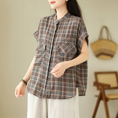 Women's Plaid Button-Up Shirt with Short Sleeves - Bagbagsitter