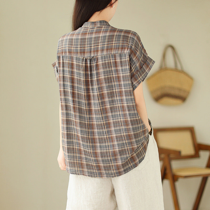 Women's Plaid Button-Up Shirt with Short Sleeves - Bagbagsitter