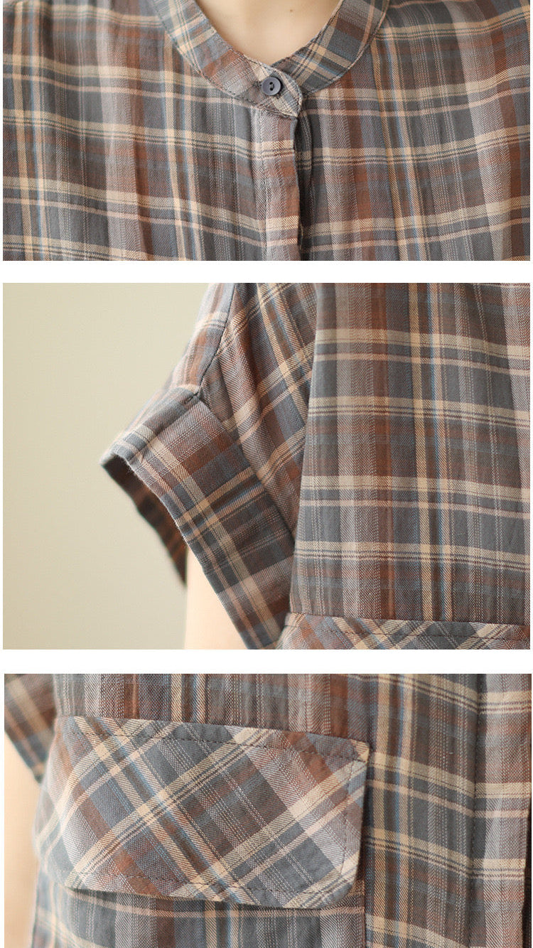 Women's Plaid Button-Up Shirt with Short Sleeves - Bagbagsitter