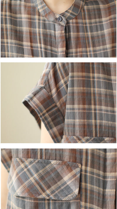 Women's Plaid Button-Up Shirt with Short Sleeves - Bagbagsitter