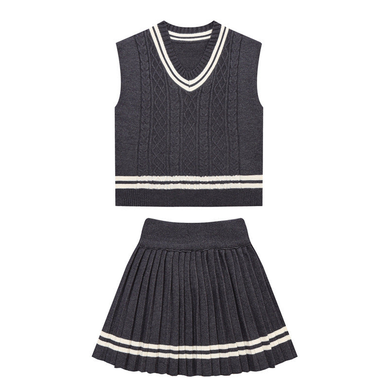 Simple Contrast Color College Style Knitted Vest Mid-length Dress Set