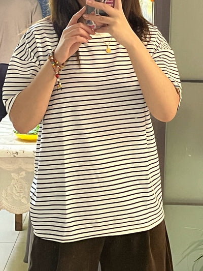 Womens Striped Short Sleeve T shirt Crewneck Loose Style  Cotton T Shirt