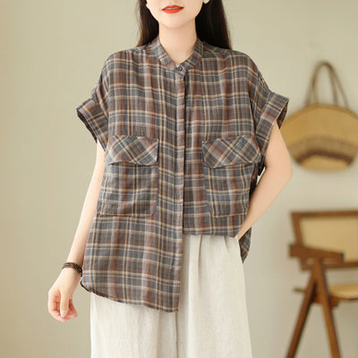 Women's Plaid Short Sleeve Button-Up Shirt