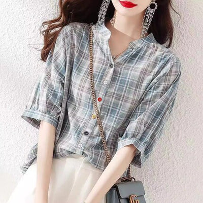 Plaid Shirt Women's Short Sleeves Summer Thin  drawstring Cotton Half-Sleeved Top