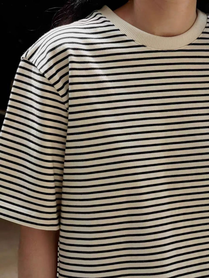 Womens Striped Short Sleeve T shirt Crewneck Loose Style  Cotton T Shirt