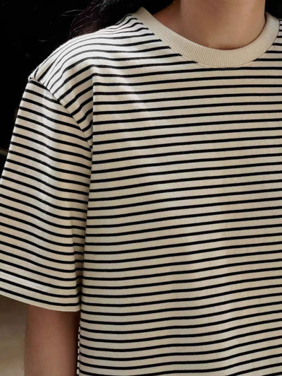 Womens Striped Short Sleeve T shirt Crewneck Loose Style  Cotton T Shirt