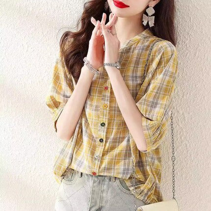 Plaid Shirt Women's Short Sleeves Summer Thin  drawstring Cotton Half-Sleeved Top