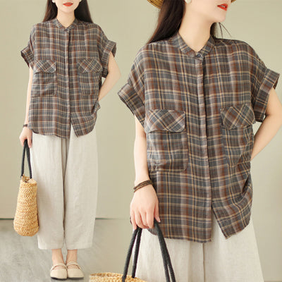 Women's Plaid Short Sleeve Button-Up Shirt