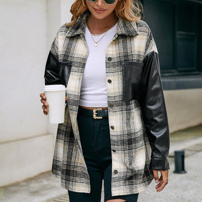 Casual Double Pocket Plaid PU Stitching Jacket Top Women