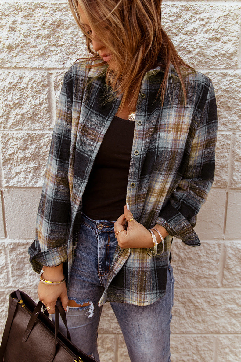 Mid-length Plaid Shirt Women's  Loose Long Sleeve Top