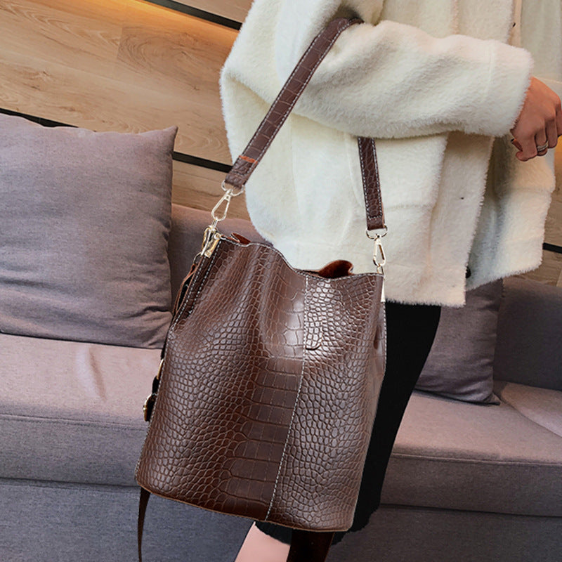 Vegan Leather Wide Shoulder Strap  Shoulder Bag Bucket Bag Crossbody Bag