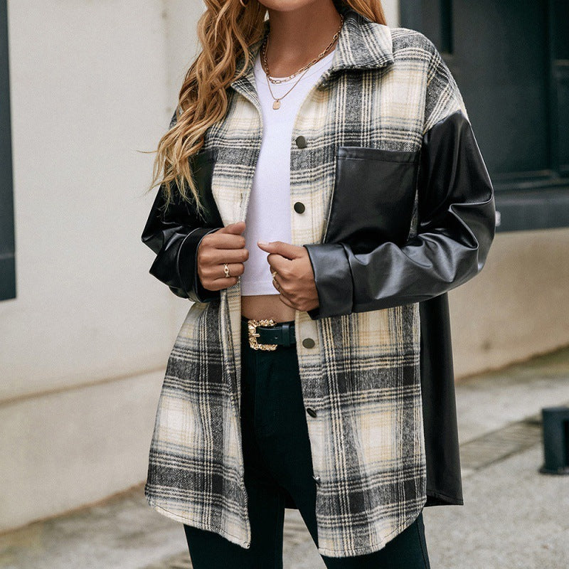 Casual Double Pocket Plaid PU Stitching Jacket Top Women