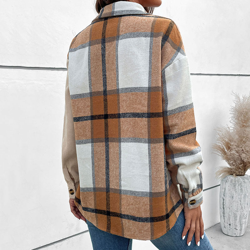 Long-sleeved Plaid Top Retro Lapels Cardigan Coat