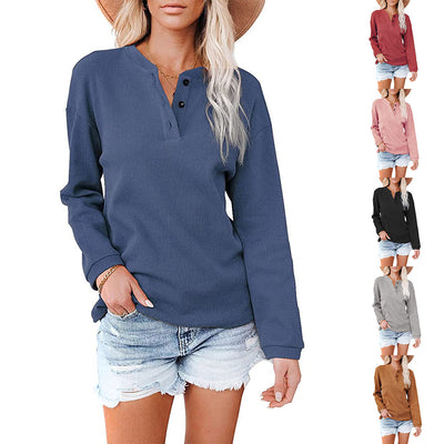 V-neck Solid Color Long-sleeved Top T-shirt Women