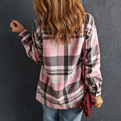 Pink Plaid Women' Button Pocket Shirt Women's Top