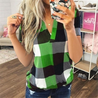 Women's New Shirt Plaid Printed V-Neck Short-Sleeved Shirt T-Shirt Women