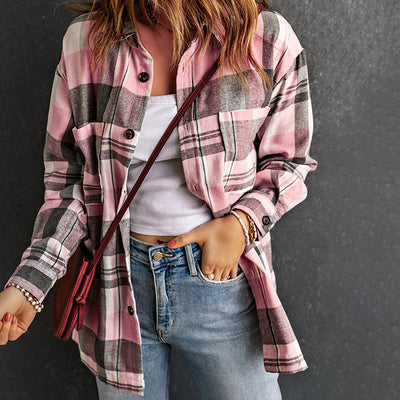 Pink Plaid Women' Button Pocket Shirt Women's Top