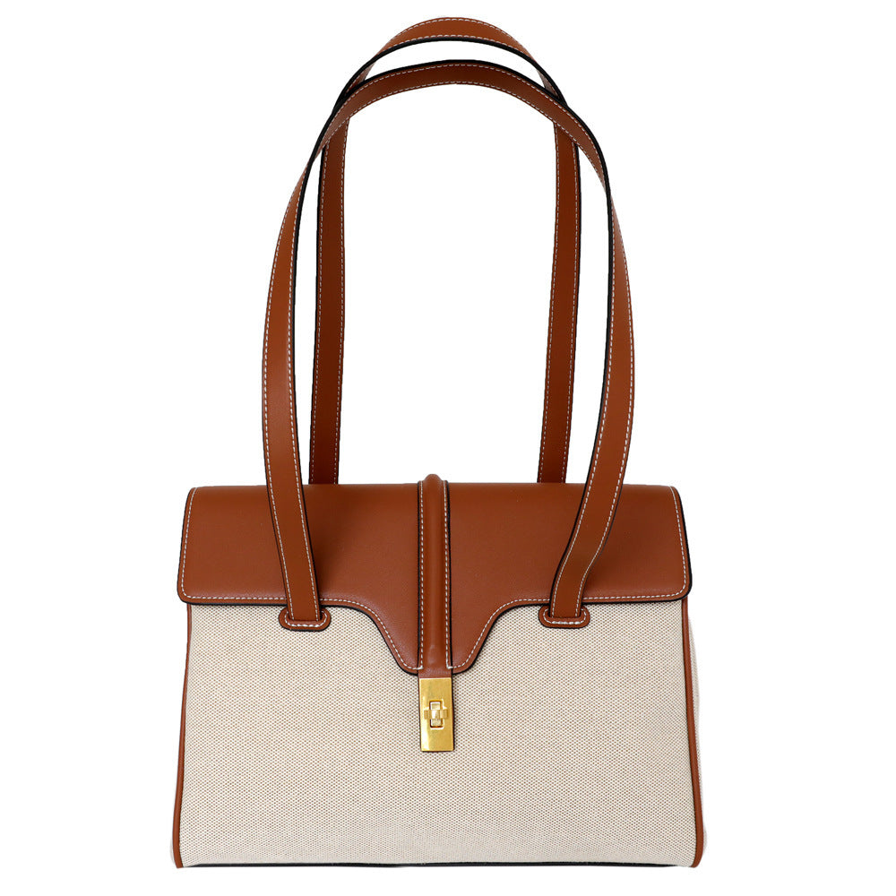 Genuine Leather Shoulder Bag With Canvas Lock Design Tote Bag