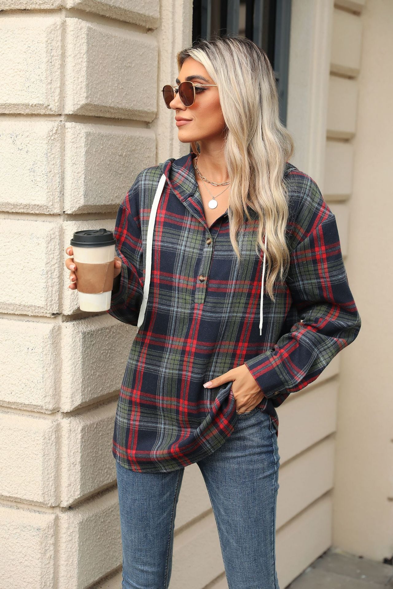 Plaid  Hooded Sweatshirt With Button Loose Long Sleeve Hoodies Women Clothing