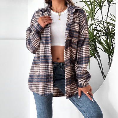 Plaid Shirt Lapel Doll Sleeve Top Dress